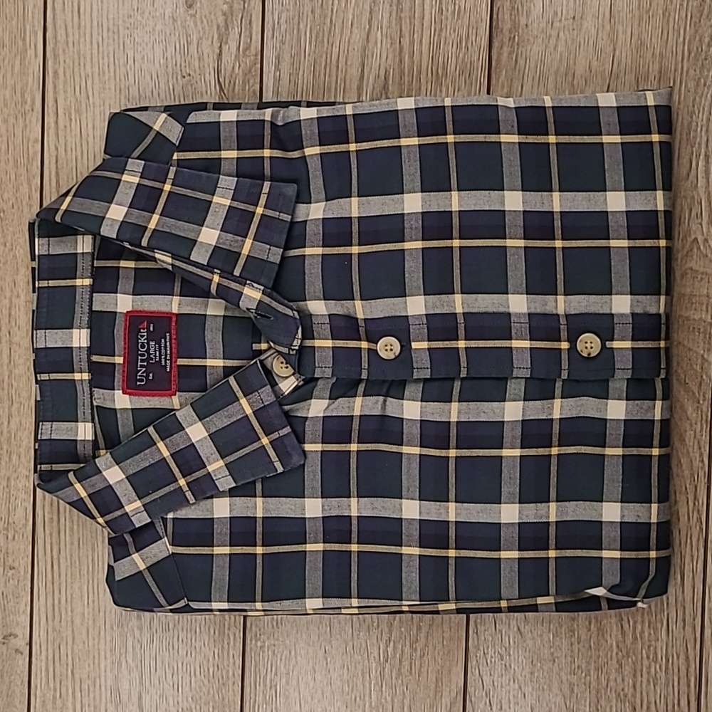 UNTUCKIT Slim Fit Dark Green Navy Black Plaid Cotton Sz L Mens Long Sleeve Shirt